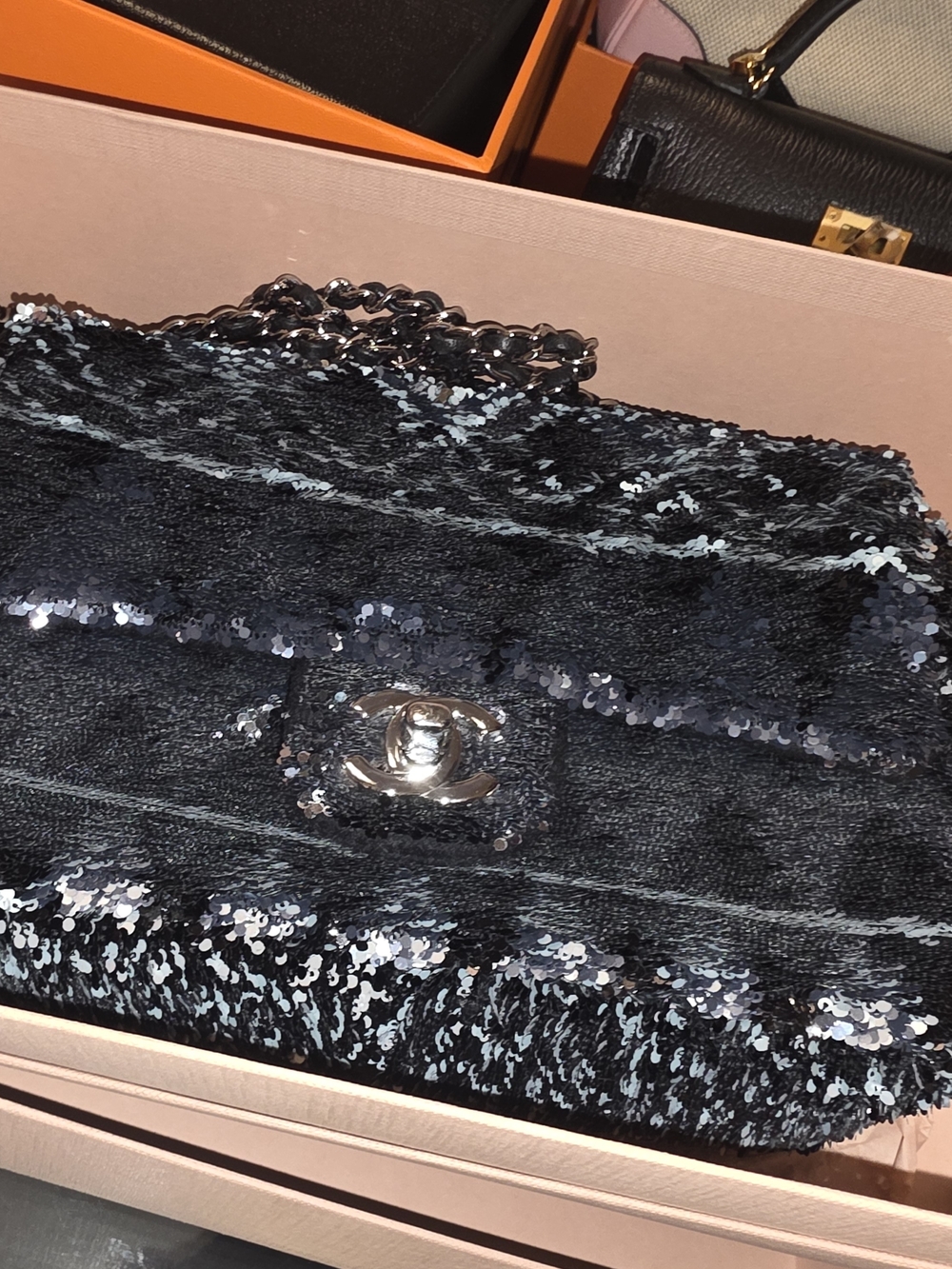 CHANEL Black Sequin Shoulder Bag with Silver CC**RARE** COLLECTORS